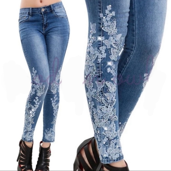 NEW STRETCHY EMBROIDERED SKINNY JEANS - Picture 1 of 5